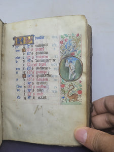 Book of Hours, Use of Paris, Circa 1460. Illuminated Manuscript on Parchment from France. With 9 Large Miniatures, 22 Calendar Miniatures, One Historiated Initial, 134 Border Illustrations. Illuminated Decorative Borders. Plus Side Wound of Christ