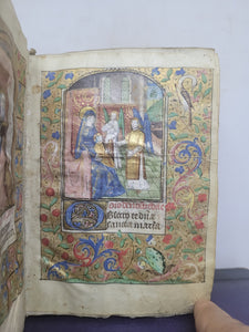 Book of Hours, Use of Paris, Circa 1460. Illuminated Manuscript on Parchment from France. With 9 Large Miniatures, 22 Calendar Miniatures, One Historiated Initial, 134 Border Illustrations. Illuminated Decorative Borders. Plus Side Wound of Christ