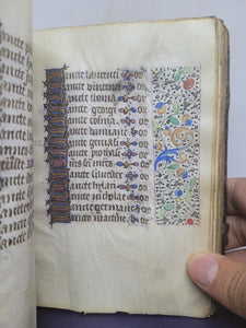 Book of Hours, Use of Paris, Circa 1460. Illuminated Manuscript on Parchment from France. With 9 Large Miniatures, 22 Calendar Miniatures, One Historiated Initial, 134 Border Illustrations. Illuminated Decorative Borders. Plus Side Wound of Christ