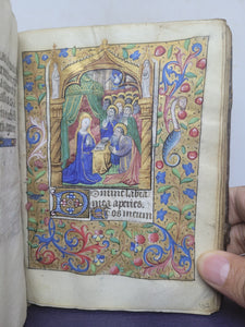 Book of Hours, Use of Paris, Circa 1460. Illuminated Manuscript on Parchment from France. With 9 Large Miniatures, 22 Calendar Miniatures, One Historiated Initial, 134 Border Illustrations. Illuminated Decorative Borders. Plus Side Wound of Christ