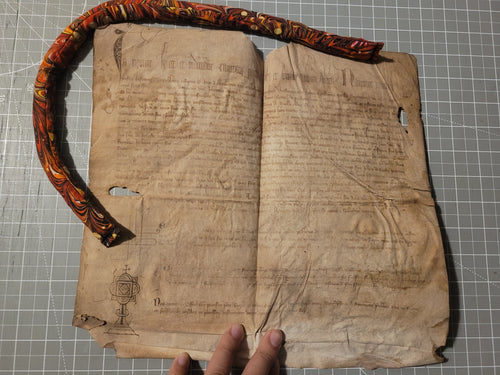 Medieval Charter. Manuscript on Parchment, September 11, 1324. Last Will and Testament of Guillaume de Rueil. Beautiful Header and Massive Signum