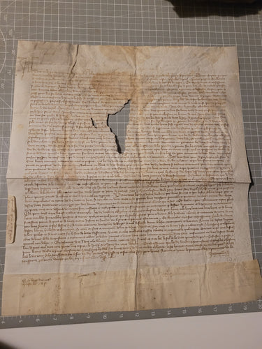 Medieval Charter Dating from the 100 Years War. Manuscript on Parchment, 1396. Detailed Initial and Signum