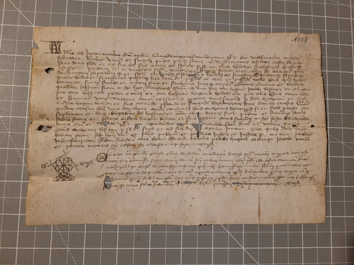 Medieval Charter Dating from the 100 Years War. Manuscript on Parchment, February 23rd, 1408. Acknowledgement of a Lease to Hughes Poliani, with a Signum