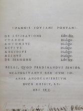 Load image into Gallery viewer, Ioannis Iouiani Pontani Opera omnia soluta oratione composita, 1518-1519. Complete Three Volume Set. Containing the Oft Censored Charon Dialogues