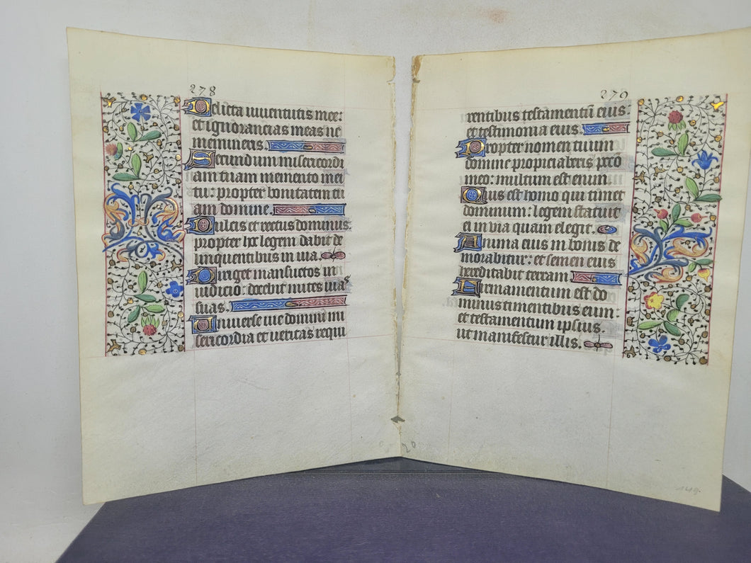 Bifolium from an Illuminated Book of Hours, France, Circa 1450. Illuminated Manuscript on Parchment. Psalms 24-25, with Outer Borders