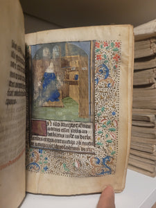 Book of Hours, Circa 1450. Use of Paris, France. Illuminated Manuscript on Vellum, 11 Damaged Full-Page Miniatures with Full Borders, and Two Historiated Initials