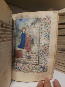 Book of Hours, Circa 1450. Use of Paris, France. Illuminated Manuscript on Vellum, 11 Damaged Full-Page Miniatures with Full Borders, and Two Historiated Initials