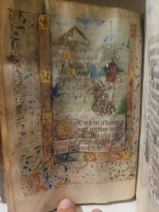 Book of Hours, Circa 1450. Use of Paris, France. Illuminated Manuscript on Vellum, 11 Damaged Full-Page Miniatures with Full Borders, and Two Historiated Initials