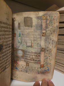 Book of Hours, Circa 1450. Use of Paris, France. Illuminated Manuscript on Vellum, 11 Damaged Full-Page Miniatures with Full Borders, and Two Historiated Initials