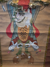 Load image into Gallery viewer, Shōmen-Kongō (Blue-Faced Vajra-Yakṣa), and the Three Wise Monkeys, Circa 1603-1868. An Edo Period Koshin Painting of the Eastern Rakshasa Lord