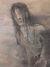 Load image into Gallery viewer, A Dishevelled and Ghostly Yurei Standing atop Flames, Circa 1830-1870. A Yurei-zu Silk Painting of an Undead Spirit, Likely an Onryo. Previously Owned by Former Class A War Criminal Sasakawa Ryoichi
