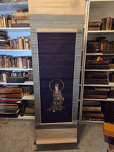 Load image into Gallery viewer, Willow-and-Moon Kannon (Yoryu Kannon, or Avalokiteśvara), Circa 1910-1930. A Beautiful Silk Painting of the Bodhisattva of Compassion, Painted in Gold against an Indigo Blackground