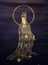 Load image into Gallery viewer, Willow-and-Moon Kannon (Yoryu Kannon, or Avalokiteśvara), Circa 1910-1930. A Beautiful Silk Painting of the Bodhisattva of Compassion, Painted in Gold against an Indigo Blackground