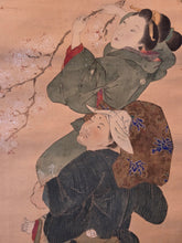 Load image into Gallery viewer, A Happy Couple Climbing a Cherry Blossom Tree, Circa 1800-1860. A Silk Ukiyo-E Painting Featuring a Bijin-ga from the Late Edo Period, in the Style of Hokusai