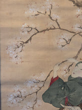 Load image into Gallery viewer, A Happy Couple Climbing a Cherry Blossom Tree, Circa 1800-1860. A Silk Ukiyo-E Painting Featuring a Bijin-ga from the Late Edo Period, in the Style of Hokusai
