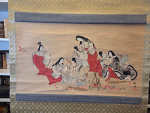 Load image into Gallery viewer, Momijigari (Maple Viewing), Circa 1750-1850. A Hanging Scroll Painting Taira no Tomomori and his Company being Seduced by a Demon Disguised as a Beautiful Woman, and her Attendants