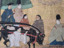 Load image into Gallery viewer, Genji e Shikishi Gachō (Genji Picture Colored Paper Sketchbook), Circa 1550-1600. A Masterfully Illuminated and Hand Painted Selection of Seven Yamato-E Paintings and Seven Sheets of of Calligraphy, of Different Chapters from the Tale of Genji