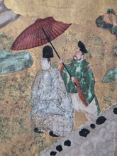 Load image into Gallery viewer, Genji e Shikishi Gachō (Genji Picture Colored Paper Sketchbook), Circa 1550-1600. A Masterfully Illuminated and Hand Painted Selection of Seven Yamato-E Paintings and Seven Sheets of of Calligraphy, of Different Chapters from the Tale of Genji