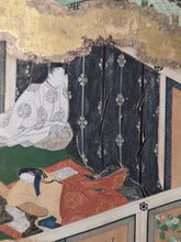 Load image into Gallery viewer, Genji e Shikishi Gachō (Genji Picture Colored Paper Sketchbook), Circa 1550-1600. A Masterfully Illuminated and Hand Painted Selection of Seven Yamato-E Paintings and Seven Sheets of of Calligraphy, of Different Chapters from the Tale of Genji