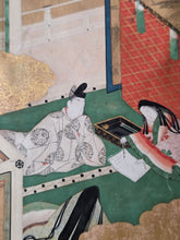 Load image into Gallery viewer, Genji e Shikishi Gachō (Genji Picture Colored Paper Sketchbook), Circa 1550-1600. A Masterfully Illuminated and Hand Painted Selection of Seven Yamato-E Paintings and Seven Sheets of of Calligraphy, of Different Chapters from the Tale of Genji
