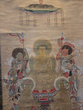 Load image into Gallery viewer, The Shaka Triad with the Sixteen Benevolent Deities, Inscribed 1507. A Late Muromachi Period Painting, Beautifully Detailed and Illuminated in Gold Leaf, Depicting Shakyamuni and More