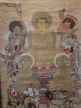 Load image into Gallery viewer, The Shaka Triad with the Sixteen Benevolent Deities, Inscribed 1507. A Late Muromachi Period Painting, Beautifully Detailed and Illuminated in Gold Leaf, Depicting Shakyamuni and More