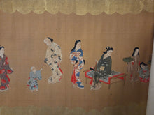 Load image into Gallery viewer, Edo Jidai no Fūzoku-shi (A History of Manners and Customs in the Edo Period), Circa 1650-1700. An Exceedingly Rare, Large Silk Emakimono Handscroll with Scenes of Women, Wakashu, and Courtesans, with a Tea Party, Leisure Boats, and a Game of Go