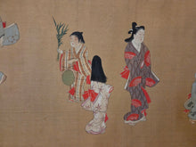 Load image into Gallery viewer, Edo Jidai no Fūzoku-shi (A History of Manners and Customs in the Edo Period), Circa 1650-1700. An Exceedingly Rare, Large Silk Emakimono Handscroll with Scenes of Women, Wakashu, and Courtesans, with a Tea Party, Leisure Boats, and a Game of Go