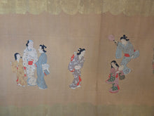 Load image into Gallery viewer, Edo Jidai no Fūzoku-shi (A History of Manners and Customs in the Edo Period), Circa 1650-1700. An Exceedingly Rare, Large Silk Emakimono Handscroll with Scenes of Women, Wakashu, and Courtesans, with a Tea Party, Leisure Boats, and a Game of Go