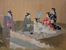 Load image into Gallery viewer, Edo Jidai no Fūzoku-shi (A History of Manners and Customs in the Edo Period), Circa 1650-1700. An Exceedingly Rare, Large Silk Emakimono Handscroll with Scenes of Women, Wakashu, and Courtesans, with a Tea Party, Leisure Boats, and a Game of Go