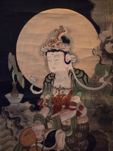 Load image into Gallery viewer, Willow-and-Moon Kannon (Yoryu Kannon, or Avalokiteśvara), Circa 1750-1850. An Impressive Silk Painting of the Bodhisattva of Compassion, Beautifully Highlighted with Gold Ink