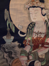 Load image into Gallery viewer, Willow-and-Moon Kannon (Yoryu Kannon, or Avalokiteśvara), Circa 1750-1850. An Impressive Silk Painting of the Bodhisattva of Compassion, Beautifully Highlighted with Gold Ink