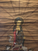 Load image into Gallery viewer, Amida Sanzonbutsu (Welcoming Descent of the Amida Buddha Triad), Circa 1650-1750. A Vibrantly Painted Depiction of Amida Nyorai, Kannon and Seishi Bodhisattva