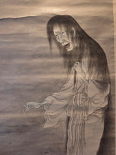 Load image into Gallery viewer, A Ghostly Yurei Standing Aside Reeds and Flame, Circa 1800-1850. A Yurei-zu Painting of an Undead Spirit with Blackened Teeth, Likely an Onryo