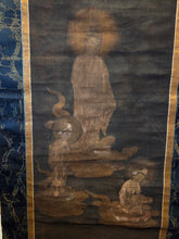 Load image into Gallery viewer, Amida Sanzonbutsu (Welcoming Descent of the Amida Buddha Triad), Circa 1250-1350. A Rare and Well-Preserved Illuminated Painting of Amida Nyorai, Kannon and Seishi Bodhisattva