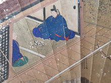 Load image into Gallery viewer, Folding Fan Painting, in the Style of Nara Ehon or Yamato-E Painting, Circa 1800-1850. A Scene from a Heian Period Tale, Two Nobles and a Cherry Blossom Tree, Hand Painted and Bordered with Gold