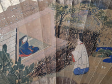 Load image into Gallery viewer, Folding Fan Painting, in the Style of Nara Ehon or Yamato-E Painting, Circa 1800-1850. A Scene from a Heian Period Tale, a Noble Visiting his Love, Hand Painted and Bordered with Gold