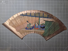 Load image into Gallery viewer, Folding Fan Painting, in the Style of Nara Ehon or Yamato-E Painting, Circa 1800-1850. A Scene from a Heian Period Tale, Lovestruck Nobles at Court, Hand Painted and Bordered with Gold