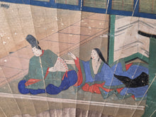 Load image into Gallery viewer, Folding Fan Painting, in the Style of Nara Ehon or Yamato-E Painting, Circa 1800-1850. A Scene from a Heian Period Tale, Lovestruck Nobles at Court, Hand Painted and Bordered with Gold