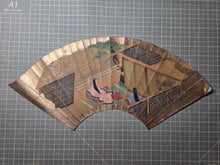 Load image into Gallery viewer, Folding Fan Painting, in the Style of Nara Ehon or Yamato-E Painting, Circa 1800-1850. A Scene from a Heian Period Tale, Lovestruck Nobles at Court, and a Female Attendant, Hand Painted and Bordered with Gold