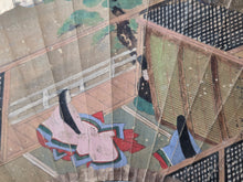 Load image into Gallery viewer, Folding Fan Painting, in the Style of Nara Ehon or Yamato-E Painting, Circa 1800-1850. A Scene from a Heian Period Tale, Lovestruck Nobles at Court, and a Female Attendant, Hand Painted and Bordered with Gold