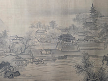 Load image into Gallery viewer, Kano Utsunenobu Shōshōhakkei (Kano Tsunenobu's Eight Views of Xiaoxiang), Circa 1700-1750. A Monumental Silk Landscape of the Eight Views of the Xiao and Xiang Rivers, in Bold Ink Wash Techniques