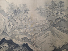 Load image into Gallery viewer, Kano Utsunenobu Shōshōhakkei (Kano Tsunenobu's Eight Views of Xiaoxiang), Circa 1700-1750. A Monumental Silk Landscape of the Eight Views of the Xiao and Xiang Rivers, in Bold Ink Wash Techniques