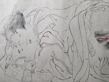 Load image into Gallery viewer, Emaki Tsuhi no Hinagata (Picture Scroll Models of Couples), After 1812. Two Scrolls of Black and White Ink Underdrawings of one of Hokusai’s Shunga Works, of Various Amorous Pairings
