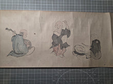 Load image into Gallery viewer, Biwa Hōshi Dōchū-ki-zu? (Biwa Priest Travelogue), Not After 1841. An Emakimono Handscroll Depicting the Travels and Hardships of Travelling Biwa Performers, Including Blind Ones. 23 Painted Figures of Performing Artists of Early Japan