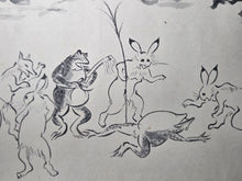 Load image into Gallery viewer, Chōjū Jinbutsu Giga (Animal-Person Caricatures), Circa 1815-1832. An Extremely Rare Emakimono Handscroll Copied After the Original Kozan-ji Temple Example, With Numerous Ink Paintings of Animals Performing as Humans.