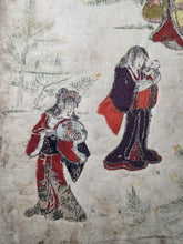 Load image into Gallery viewer, An Oshi-e Manuscript of Ukiyo-E Figures, Circa 1800-1860. A Marvelous Composite Manuscript, with Clothing and Vestments Made Using Kimono Fragments and Brocade. 88 Fabric Decorated Figures