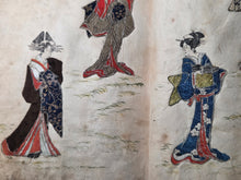 Load image into Gallery viewer, An Oshi-e Manuscript of Ukiyo-E Figures, Circa 1800-1860. A Marvelous Composite Manuscript, with Clothing and Vestments Made Using Kimono Fragments and Brocade. 88 Fabric Decorated Figures