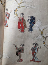 Load image into Gallery viewer, An Oshi-e Manuscript of Ukiyo-E Figures, Circa 1800-1860. A Marvelous Composite Manuscript, with Clothing and Vestments Made Using Kimono Fragments and Brocade. 88 Fabric Decorated Figures