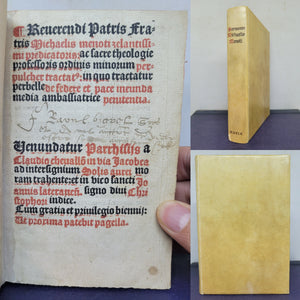 Reverendi Patris Fratris Michaelis Menoti ordinis minorum perpulcher tractatus in quo tractatur perbelle de federe et pace ineunda, media ambassiatrice penitentia, 1519(?). Annotated Copy, with Manuscript Pastedowns